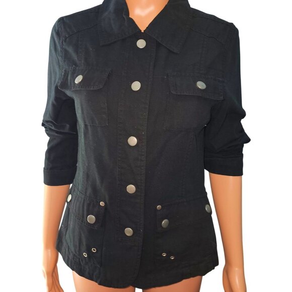 Buttons Cotton Blend Black Jacket Women's M With Button Details & Pockets - Picture 3 of 8